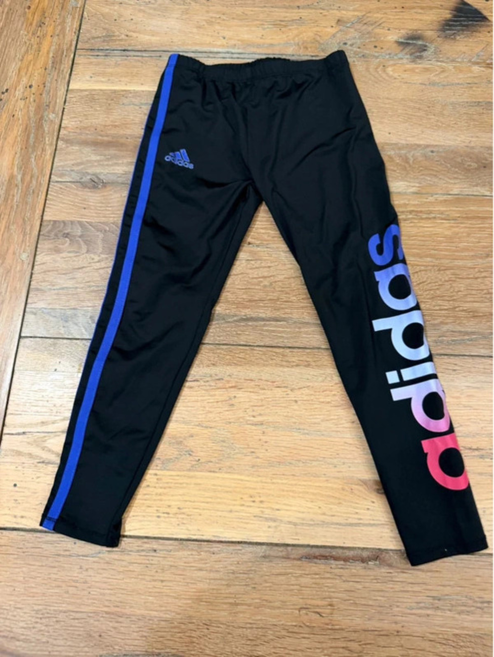Adidas Girls Black Leggings Blue Stripes Pink Purple Gradient Logo Size 6